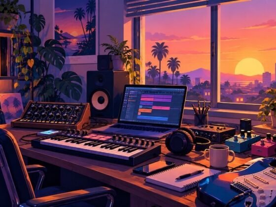 Bedroom producer's studio at sunset