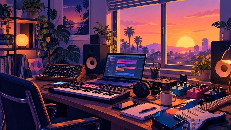 Bedroom producer's studio at sunset