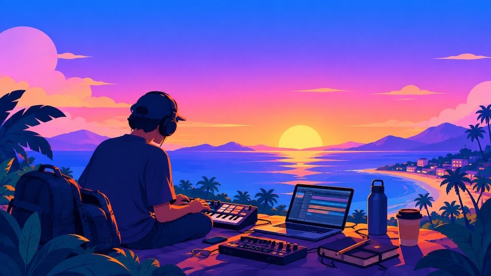 Nomad producer playing music at sunset