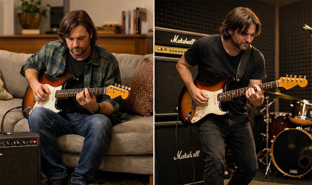 Guitarist in livingroom and studio