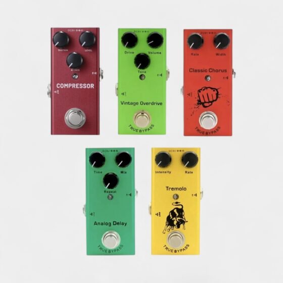 5 Effect pedals on solid background - Compressor, Overdrive, Chorus, Delay and Tremolo