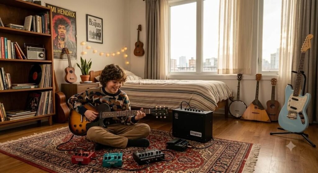 Excited kid playing electric guitar in his room