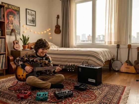 Excited kid playing electric guitar in his room