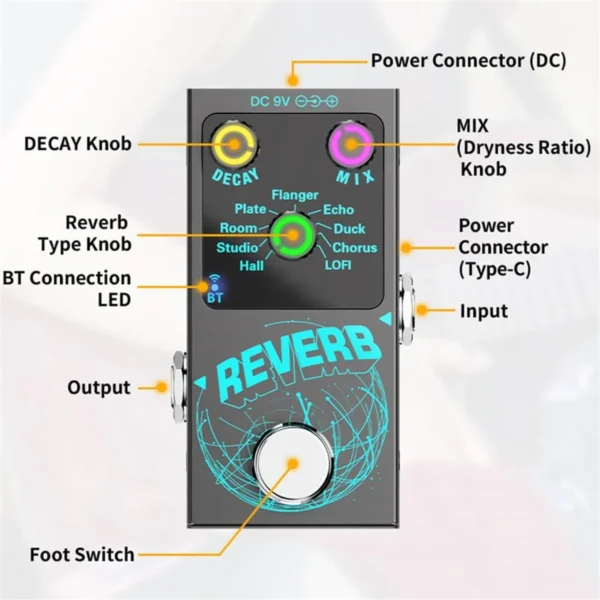 Simple Reverb Pdal 9-Mode Digital Reverb Pedal with Bluetooth – Compact Guitar Effect ...