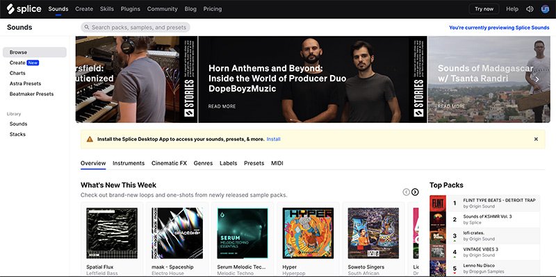 Screenshot of Splice.com homepage for downloading samples