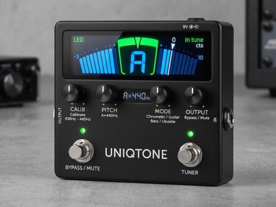 Modern Guitar tuner pedal on desk