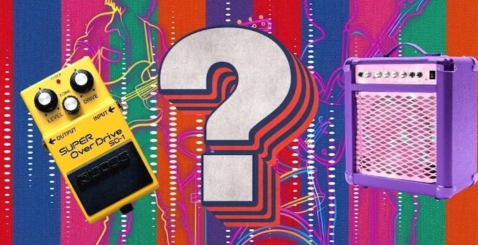 Boss Sd-1 guitar pedal and amp on colorful background